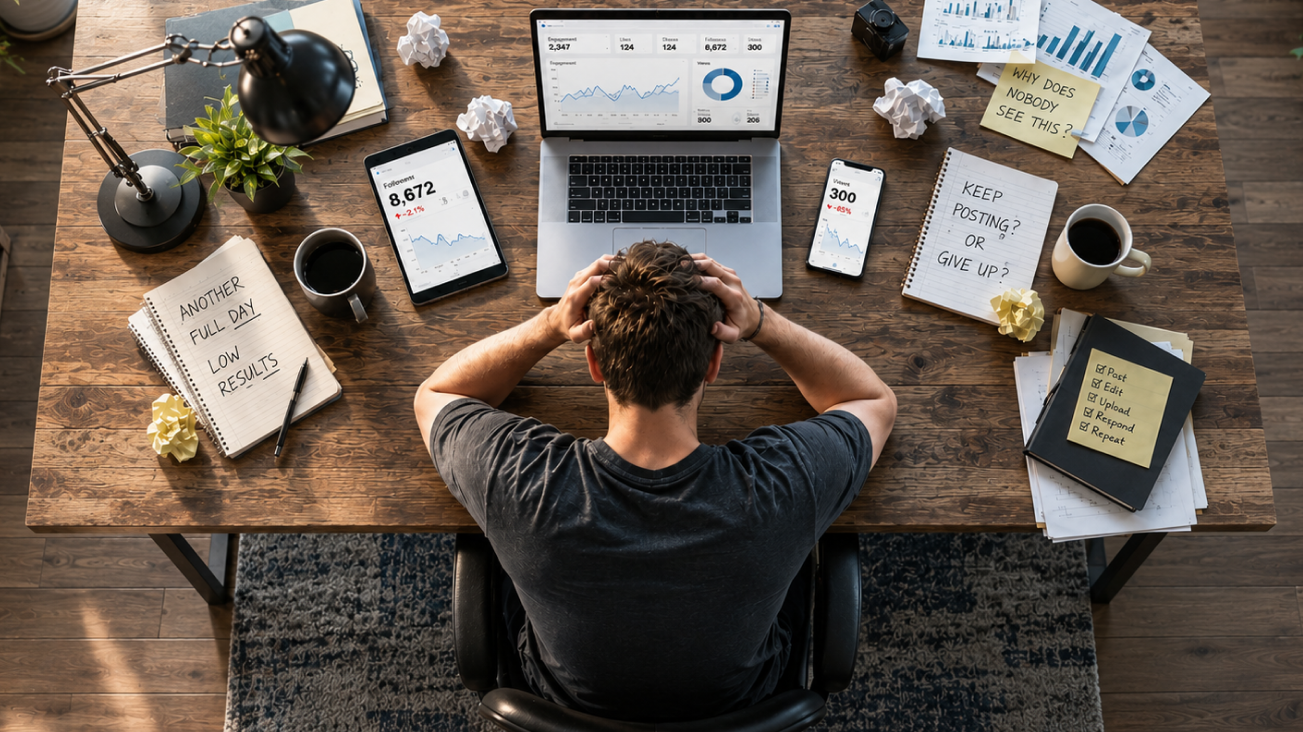 A person overwhelmed by platform-driven content